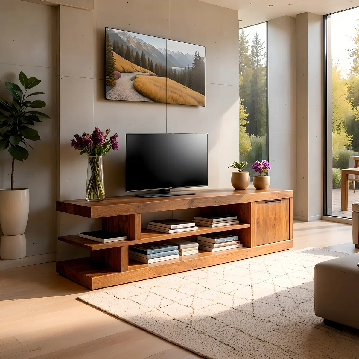 Modern Solid Wood Asymmetrical TV Stand with Tiered Shelving