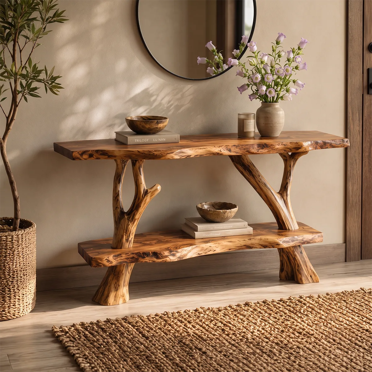 Rustic Live Edge Console Table with Tree Branch Base | Solid Wood Entryway Sofa Table TT006-7746