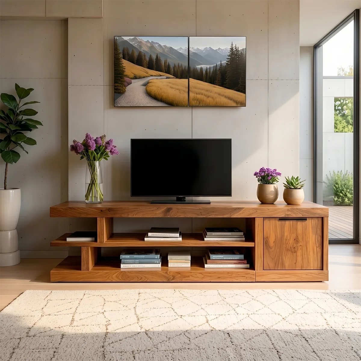 Modern Solid Wood Asymmetrical TV Stand with Tiered Shelving