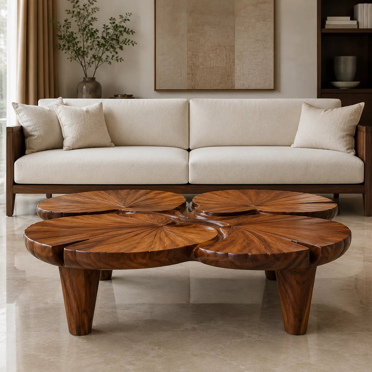 Handcrafted Solid Wood Coffee Table with Sculpted Lotus Leaf Top TT006-3336