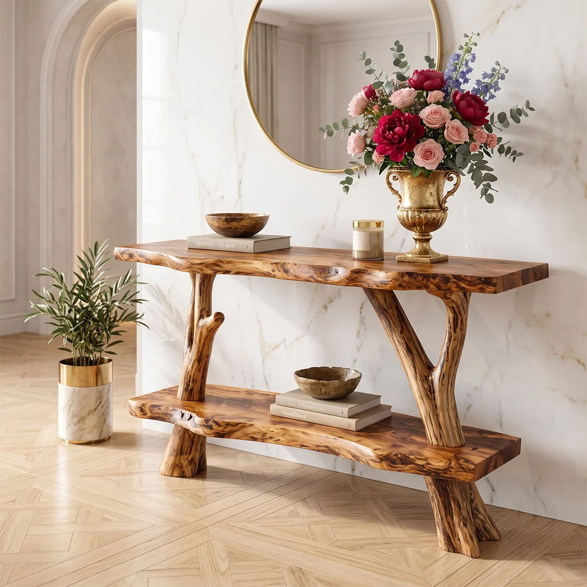 Rustic Live Edge Console Table with Tree Branch Base | Solid Wood Entryway Sofa Table TT006-7746