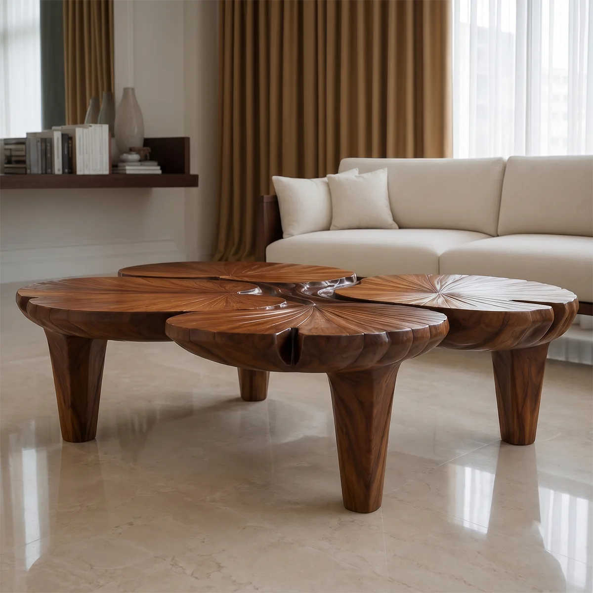 Handcrafted Solid Wood Coffee Table with Sculpted Lotus Leaf Top TT006-3336