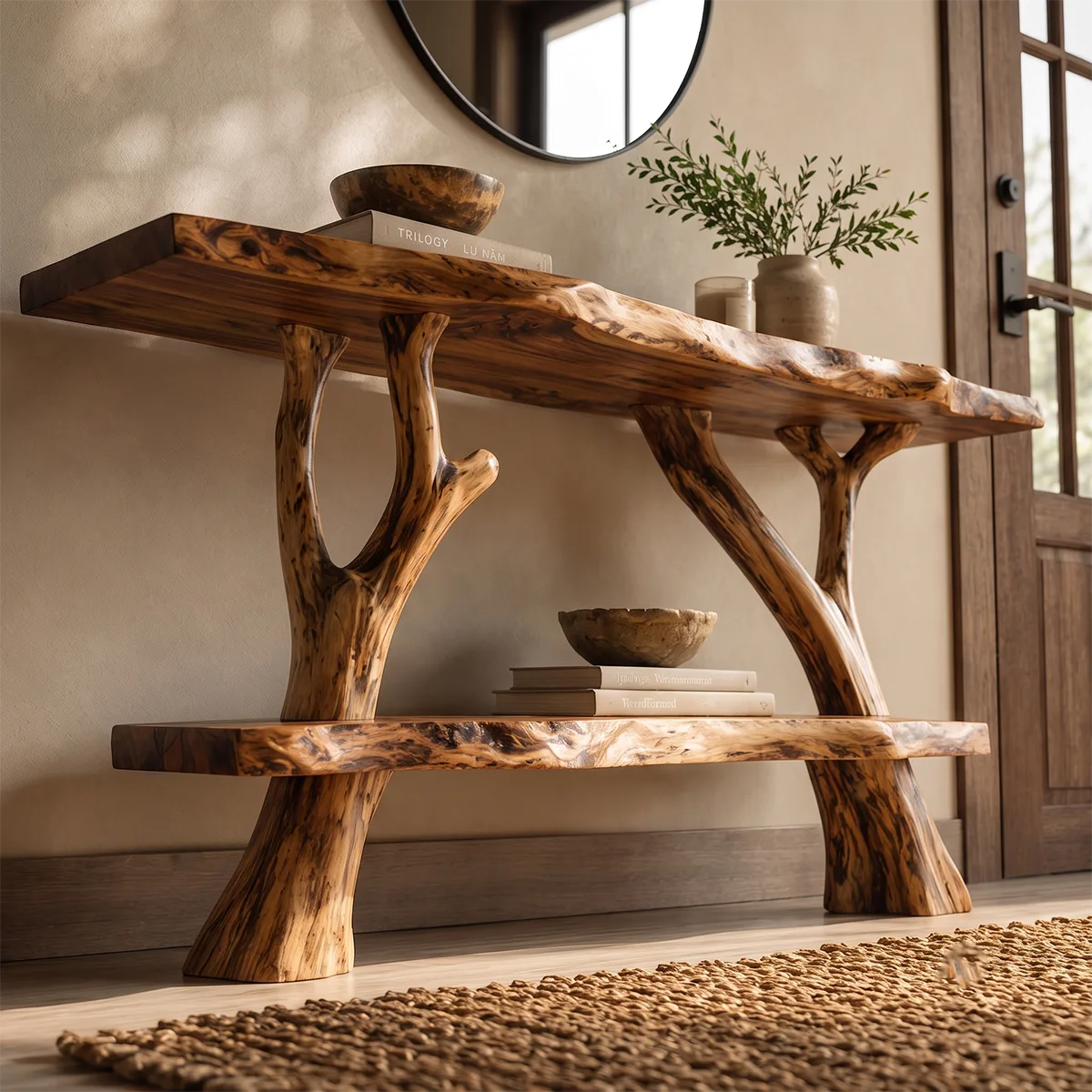 Rustic Live Edge Console Table with Tree Branch Base | Solid Wood Entryway Sofa Table TT006-7746
