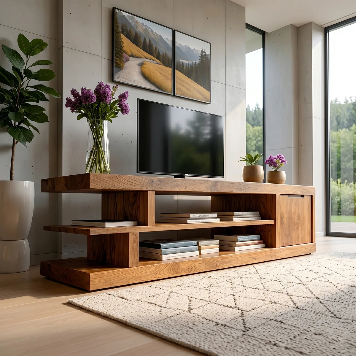 Modern Solid Wood Asymmetrical TV Stand with Tiered Shelving