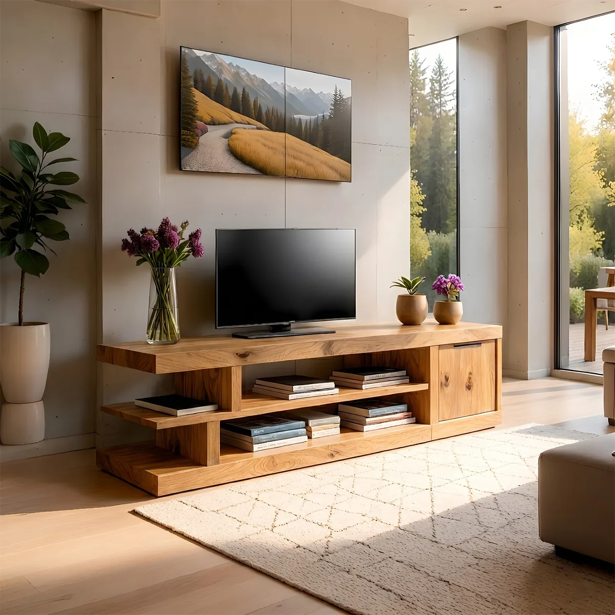 Modern Solid Wood Asymmetrical TV Stand with Tiered Shelving