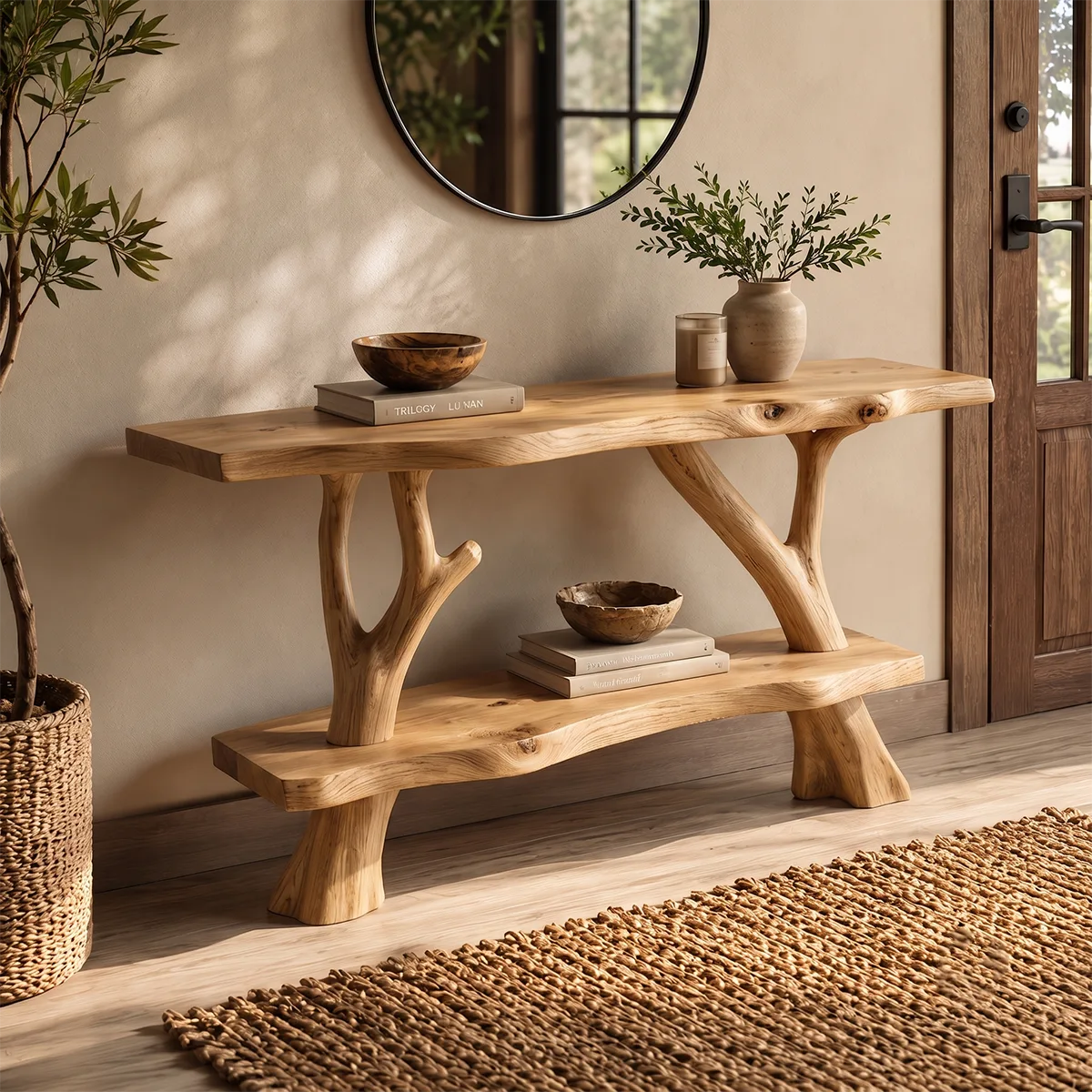 Rustic Live Edge Console Table with Tree Branch Base | Solid Wood Entryway Sofa Table TT006-7746