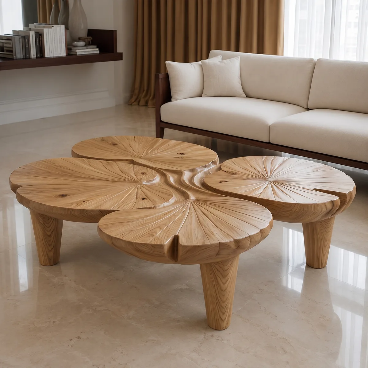 Handcrafted Solid Wood Coffee Table with Sculpted Lotus Leaf Top TT006-3336