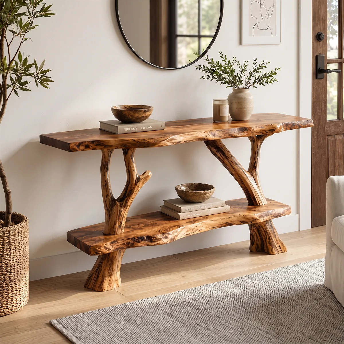 Rustic Live Edge Console Table with Tree Branch Base | Solid Wood Entryway Sofa Table TT006-7746
