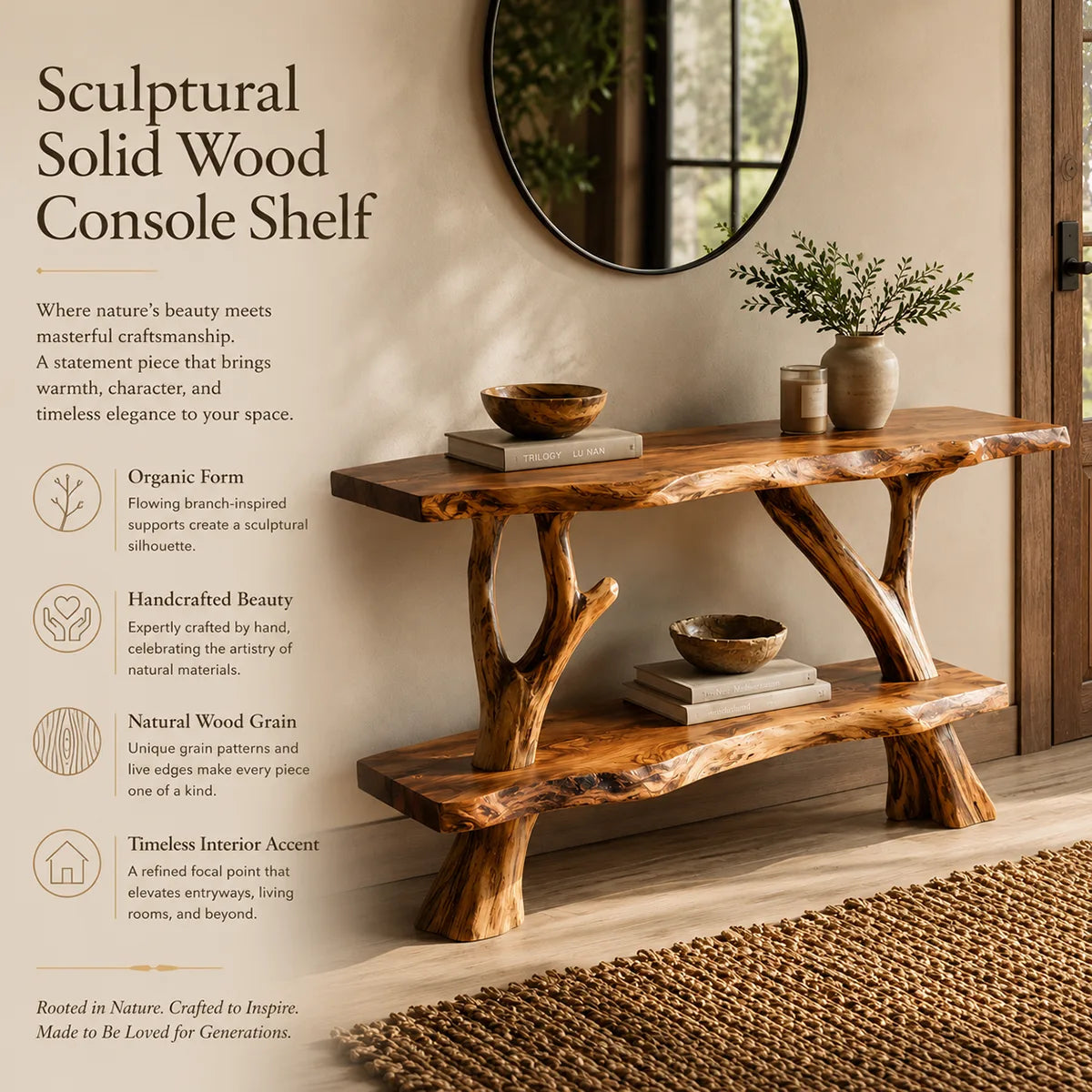 Rustic Live Edge Console Table with Tree Branch Base | Solid Wood Entryway Sofa Table TT006-7746