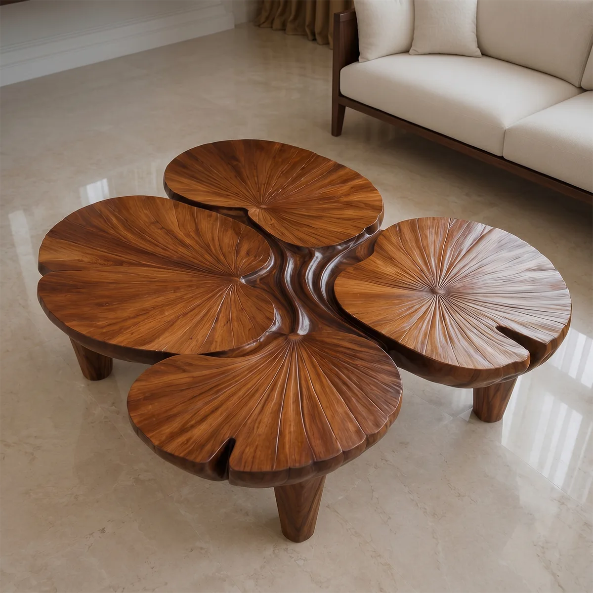 Handcrafted Solid Wood Coffee Table with Sculpted Lotus Leaf Top TT006-3336