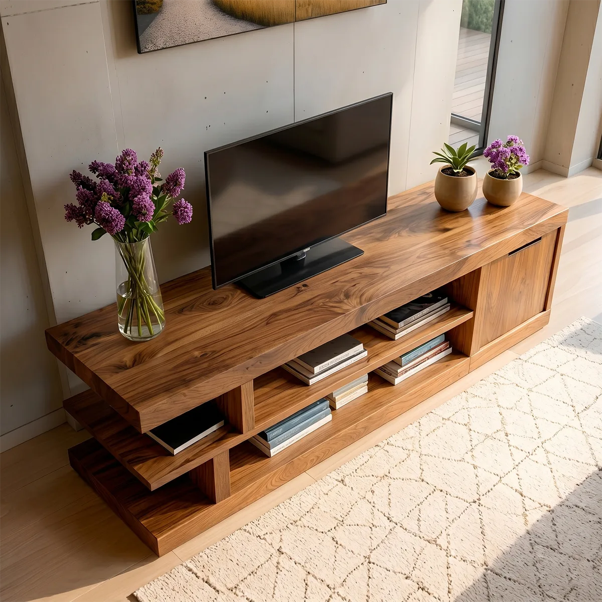 Modern Solid Wood Asymmetrical TV Stand with Tiered Shelving