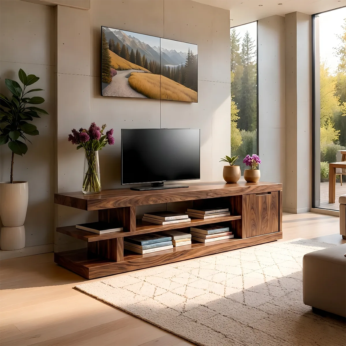 Modern Solid Wood Asymmetrical TV Stand with Tiered Shelving