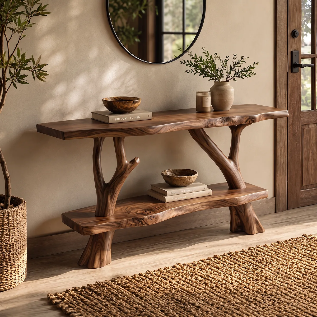 Rustic Live Edge Console Table with Tree Branch Base | Solid Wood Entryway Sofa Table TT006-7746