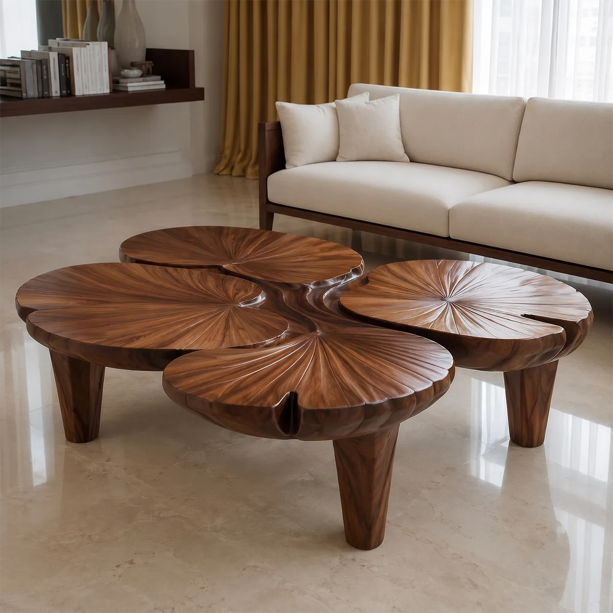 Handcrafted Solid Wood Coffee Table with Sculpted Lotus Leaf Top TT006-3336
