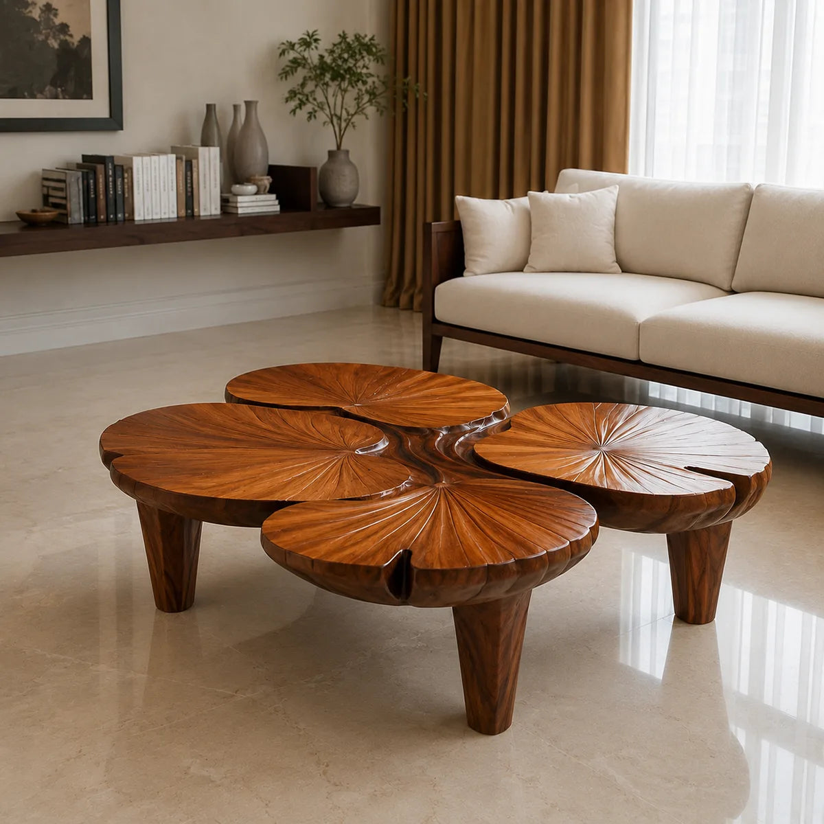 Handcrafted Solid Wood Coffee Table with Sculpted Lotus Leaf Top TT006-3336