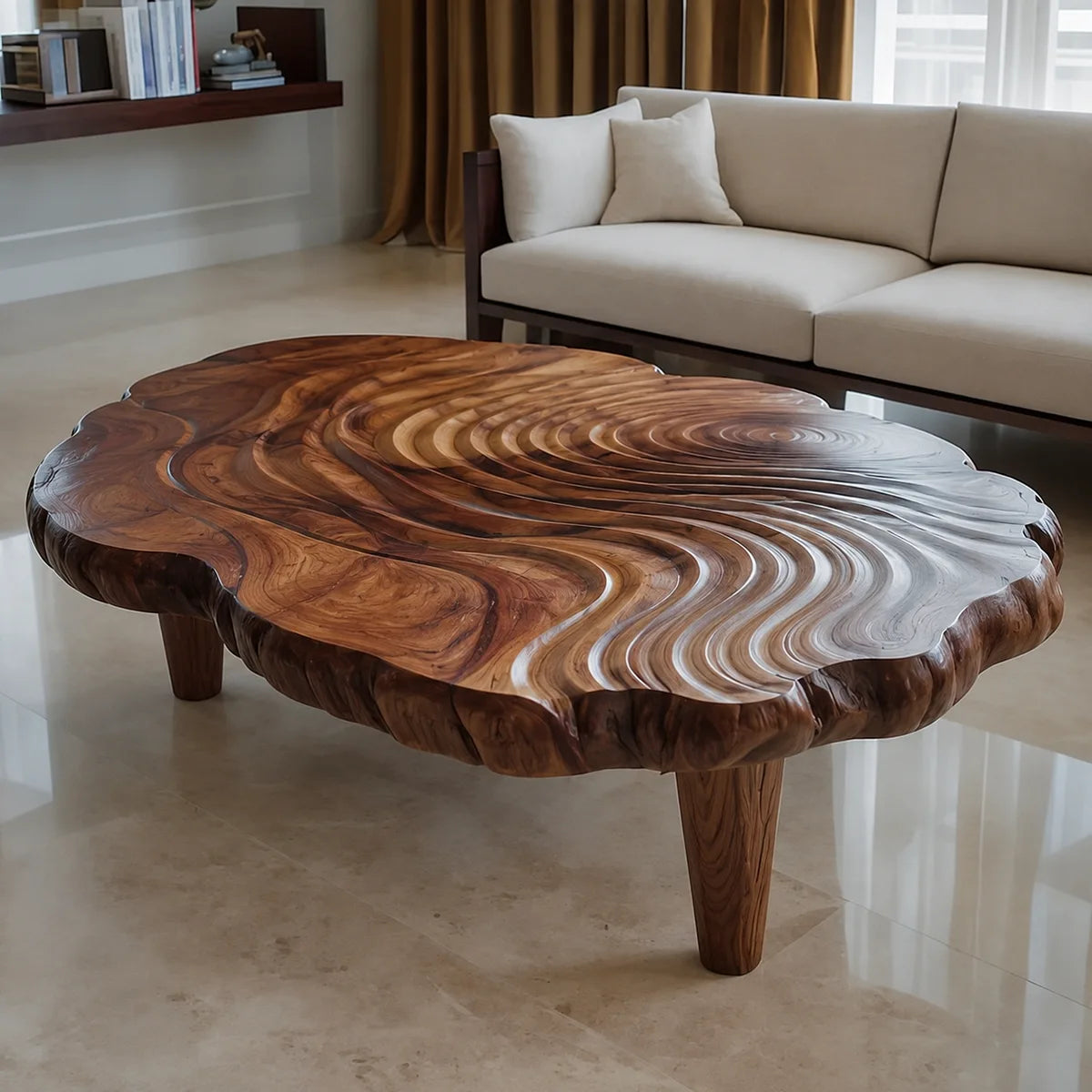 Handcrafted Solid Wood Coffee Table with Carved Ripple Top TT006-2452
