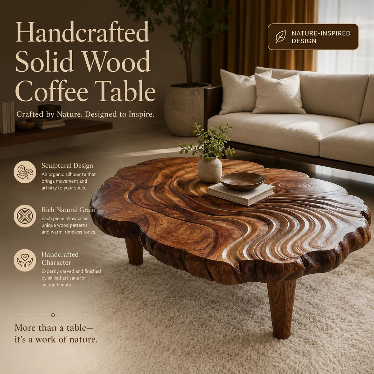 Handcrafted Solid Wood Coffee Table with Carved Ripple Top TT006-2452