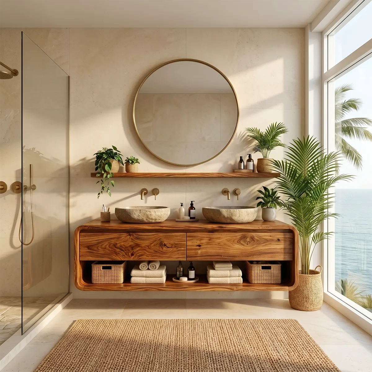 Floating Double Bathroom Vanity with 2 Drawers & Open Shelf | Rounded Organic Modern Design TT006-7NDV5OI
