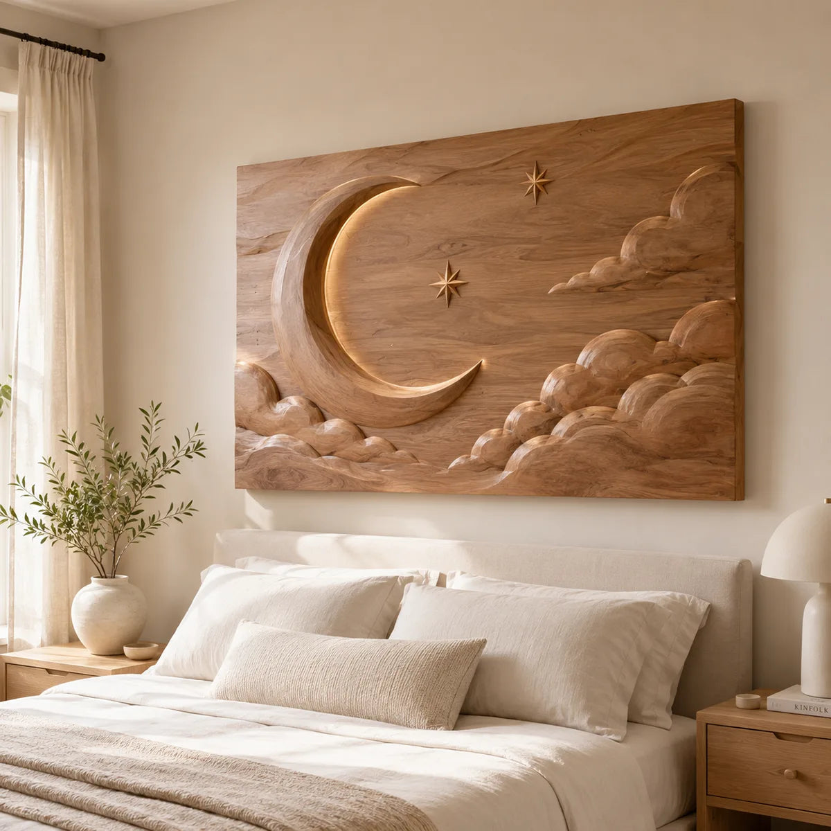 Celestial Moon Wood Wall Art | Crescent Moon & Clouds Wooden Wall Decor for Living Room, Bedroom & Nursery TT006-2082