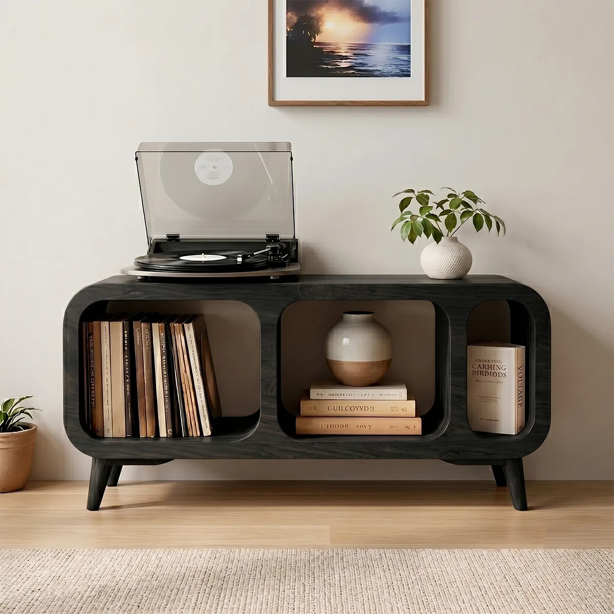 Mordern Solid Wood Record Player Console With Vinyl Storage