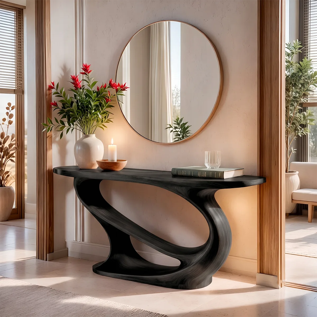 Modern Sculptural Console Table | Organic Solid Wood Entryway Accent Table TT006-9447