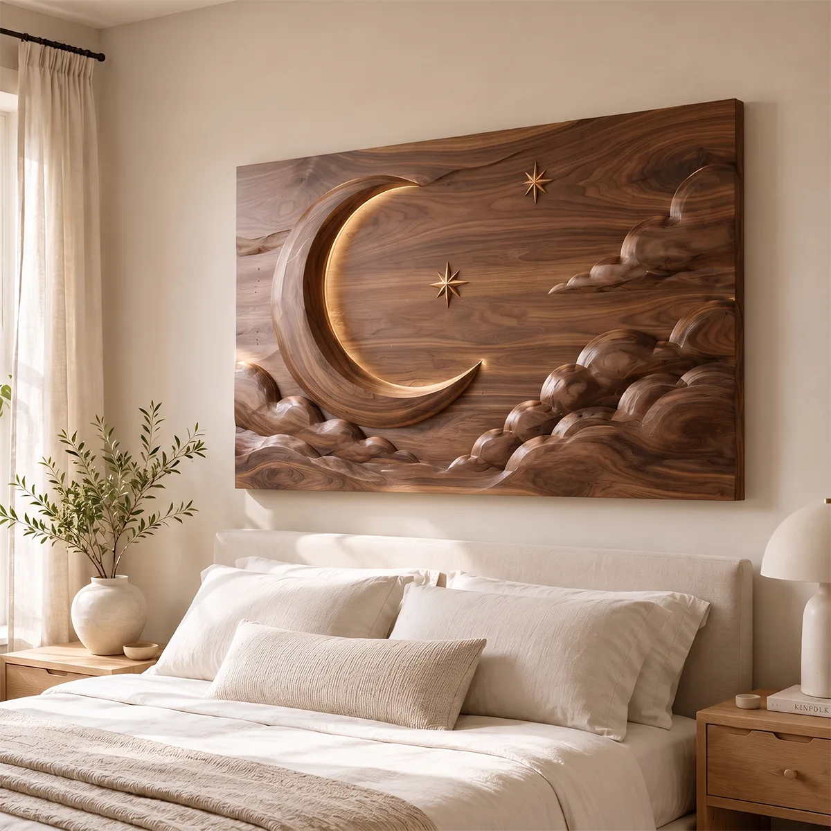 Celestial Moon Wood Wall Art | Crescent Moon & Clouds Wooden Wall Decor for Living Room, Bedroom & Nursery TT006-2082