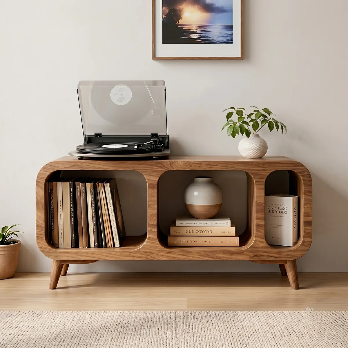 Mordern Solid Wood Record Player Console With Vinyl Storage