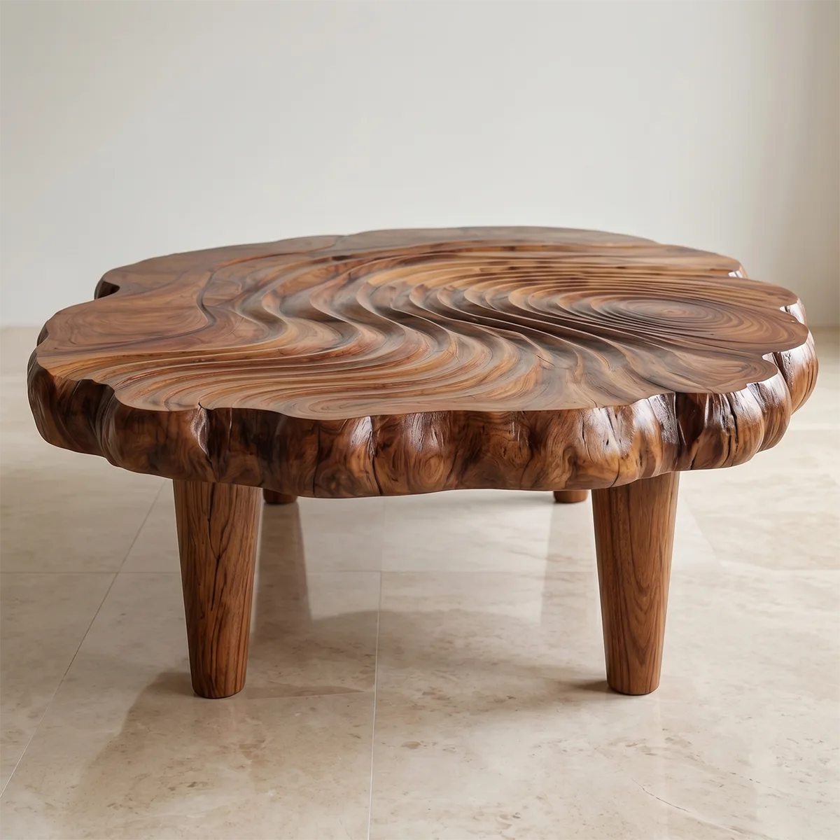 Handcrafted Solid Wood Coffee Table with Carved Ripple Top TT006-2452