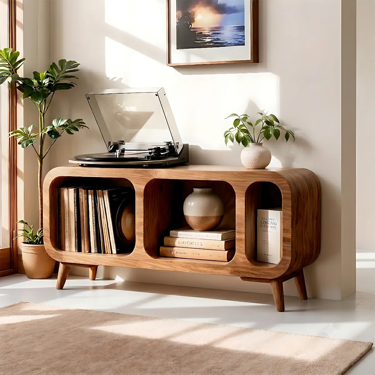 Mordern Solid Wood Record Player Console With Vinyl Storage