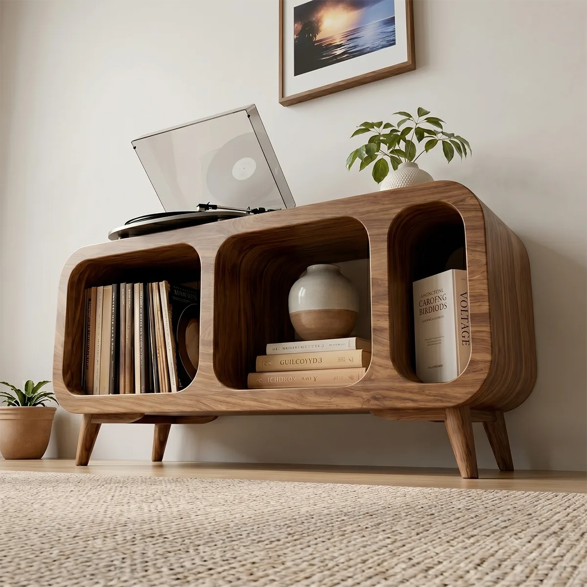 Mordern Solid Wood Record Player Console With Vinyl Storage