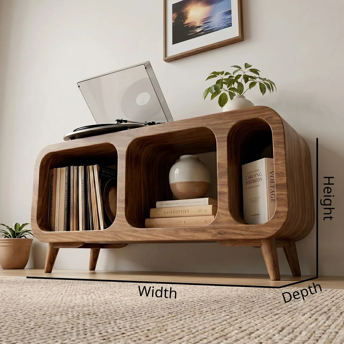 Mordern Solid Wood Record Player Console With Vinyl Storage