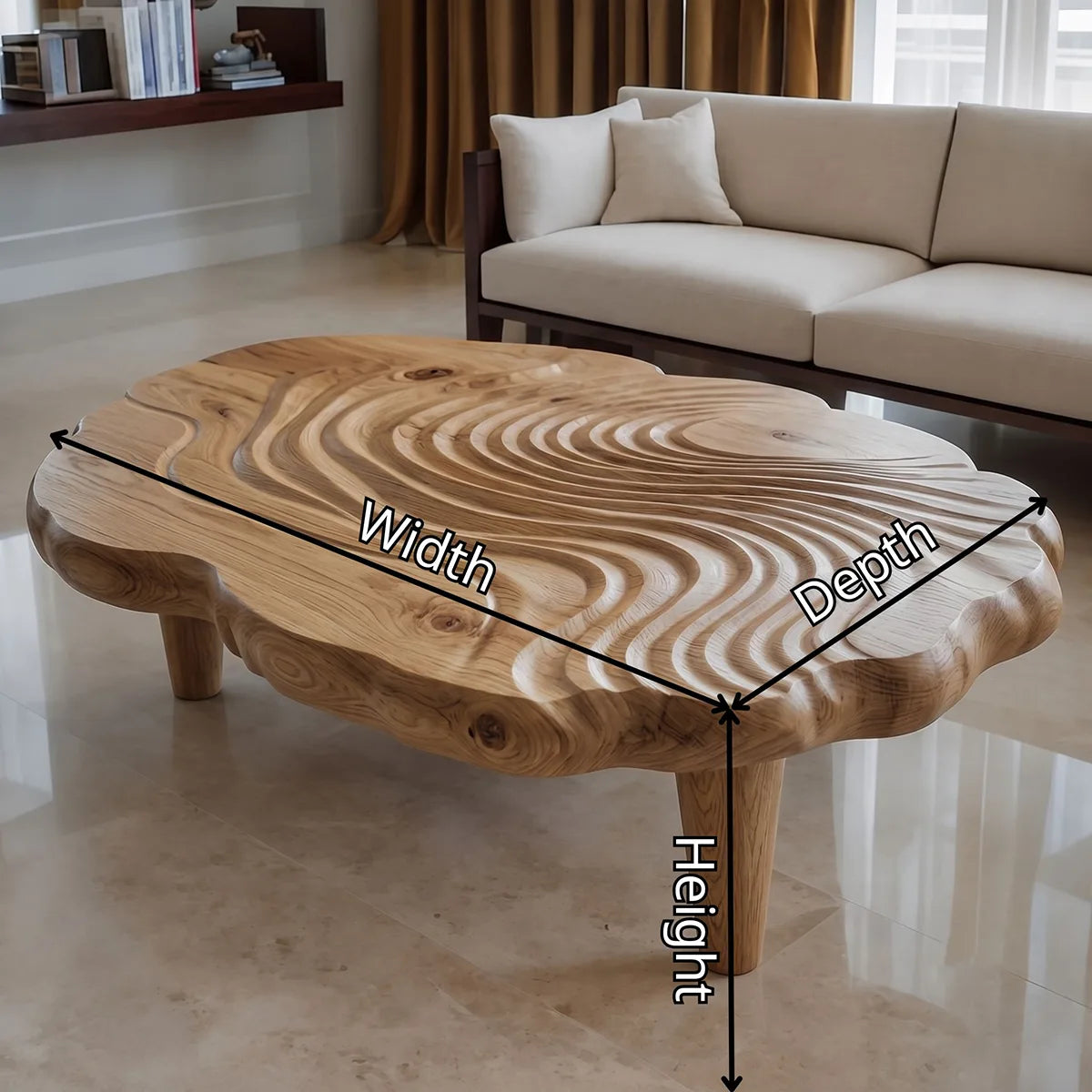 Handcrafted Solid Wood Coffee Table with Carved Ripple Top TT006-2452