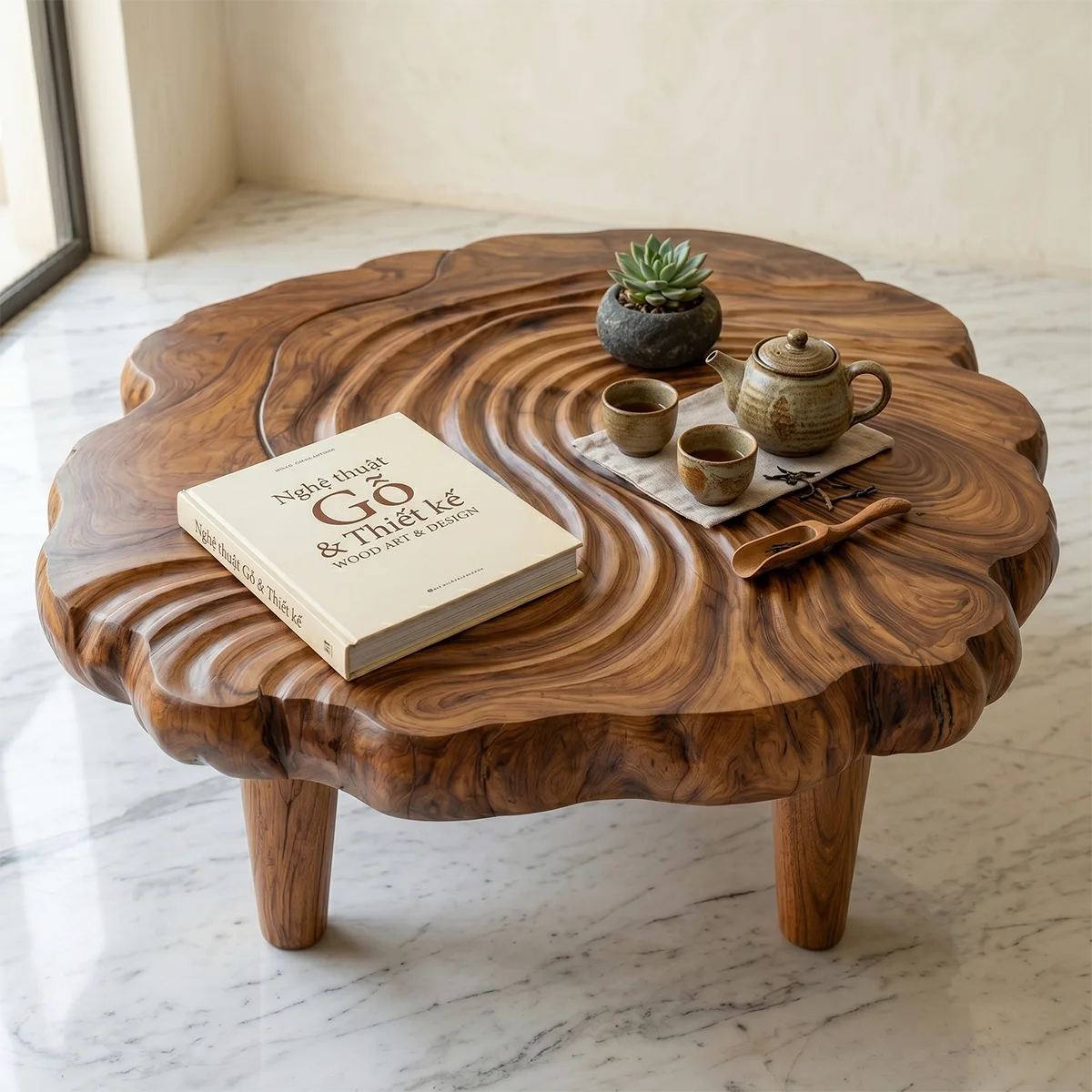 Handcrafted Solid Wood Coffee Table with Carved Ripple Top TT006-2452