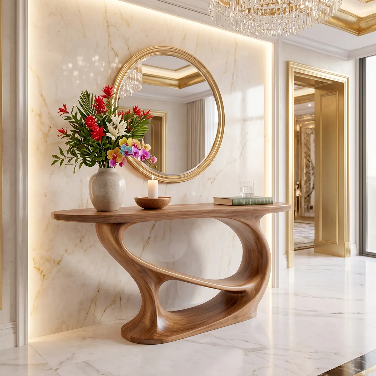 Modern Sculptural Console Table | Organic Solid Wood Entryway Accent Table TT006-9447