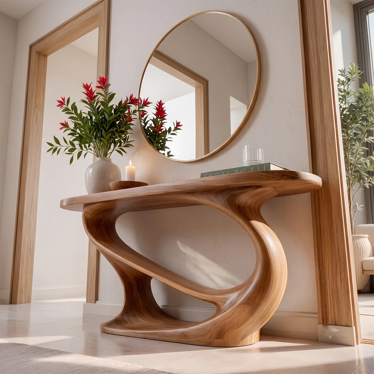 Modern Sculptural Console Table | Organic Solid Wood Entryway Accent Table TT006-9447
