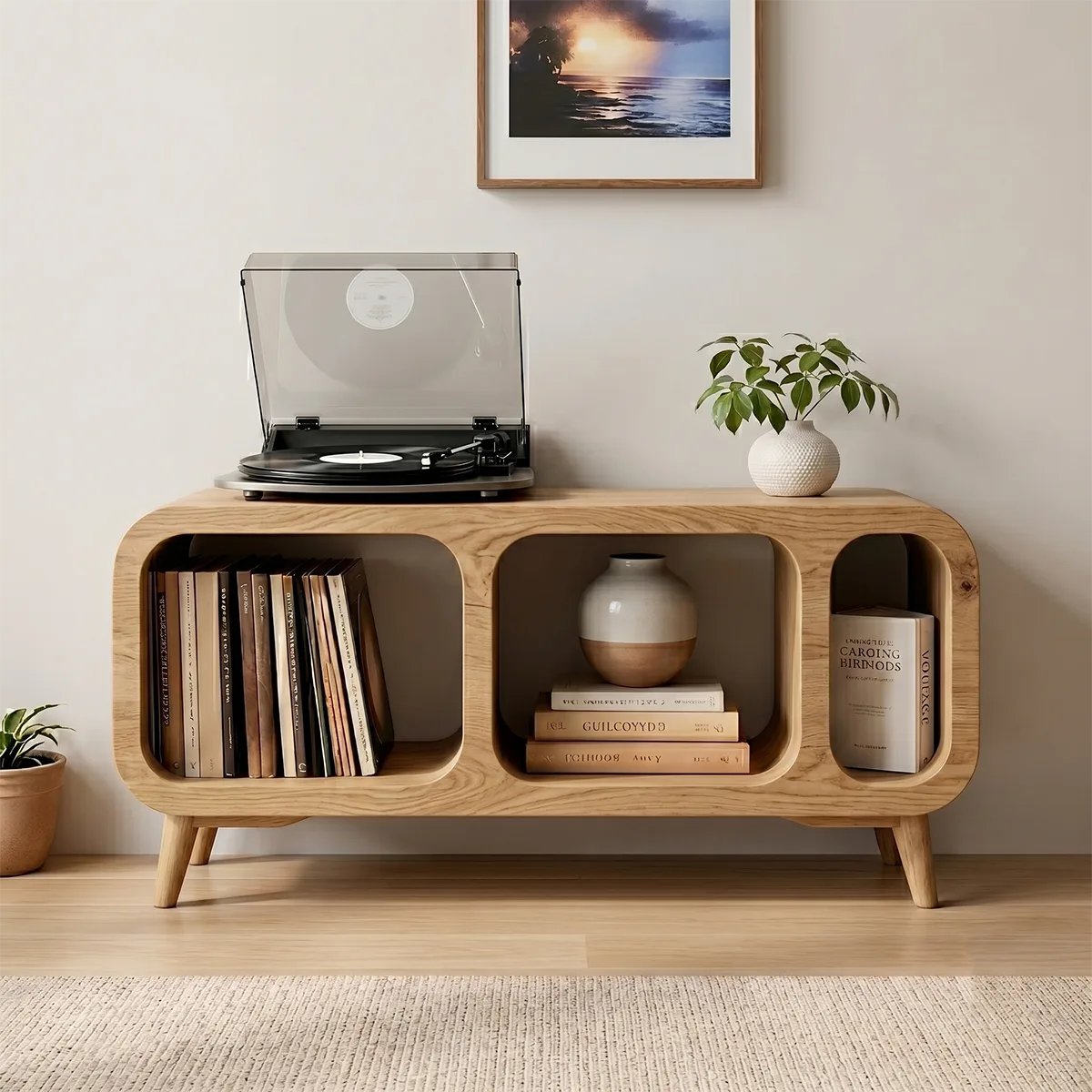 Mordern Solid Wood Record Player Console With Vinyl Storage