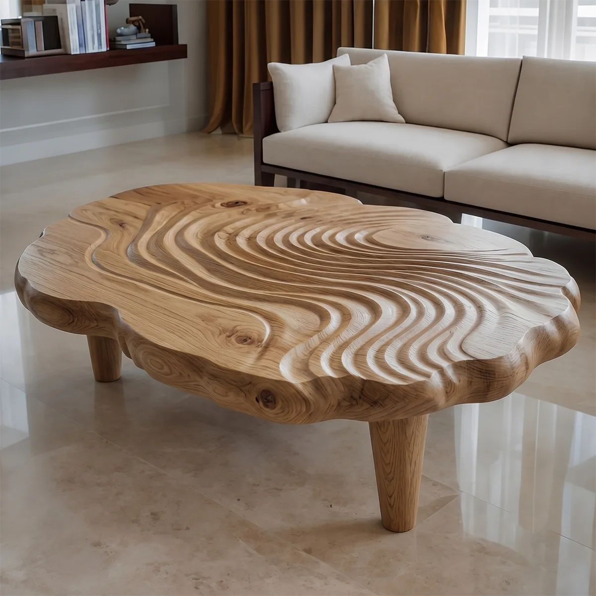 Handcrafted Solid Wood Coffee Table with Carved Ripple Top TT006-2452