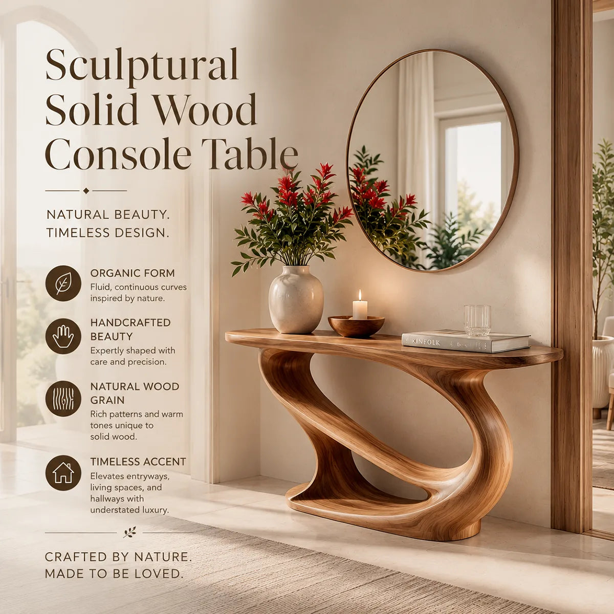 Modern Sculptural Console Table | Organic Solid Wood Entryway Accent Table TT006-9447