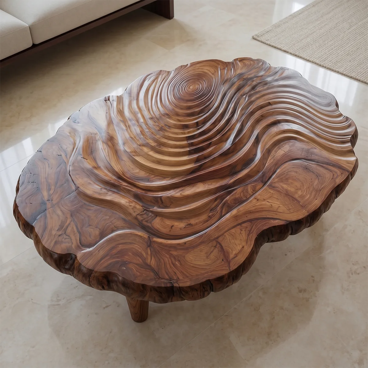 Handcrafted Solid Wood Coffee Table with Carved Ripple Top TT006-2452
