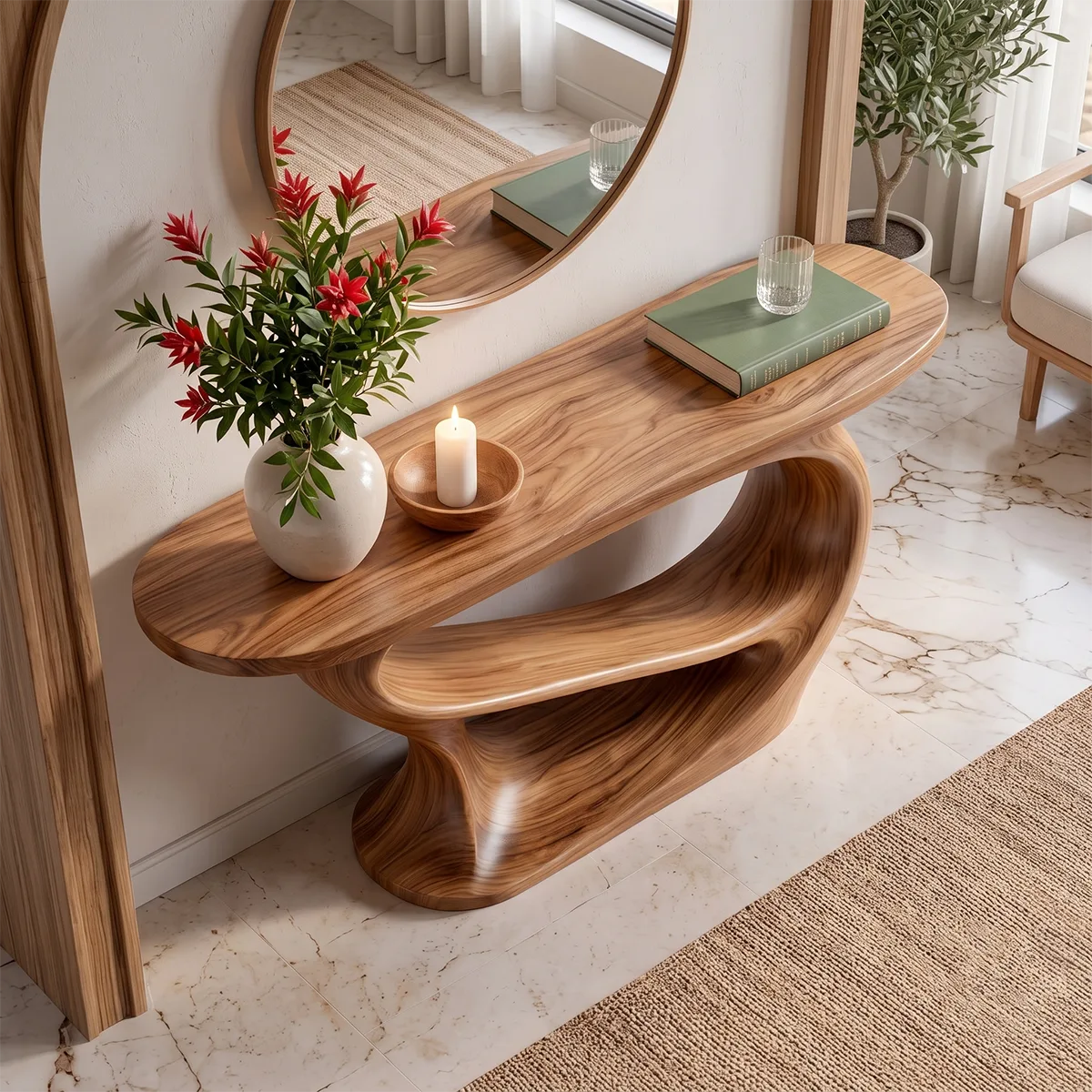 Modern Sculptural Console Table | Organic Solid Wood Entryway Accent Table TT006-9447