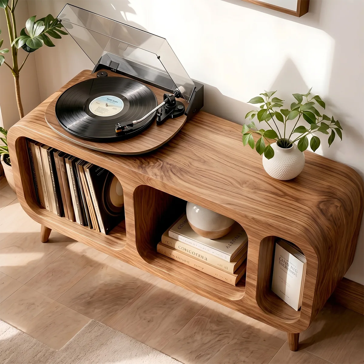 Mordern Solid Wood Record Player Console With Vinyl Storage