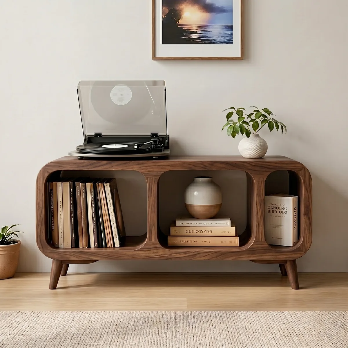 Mordern Solid Wood Record Player Console With Vinyl Storage