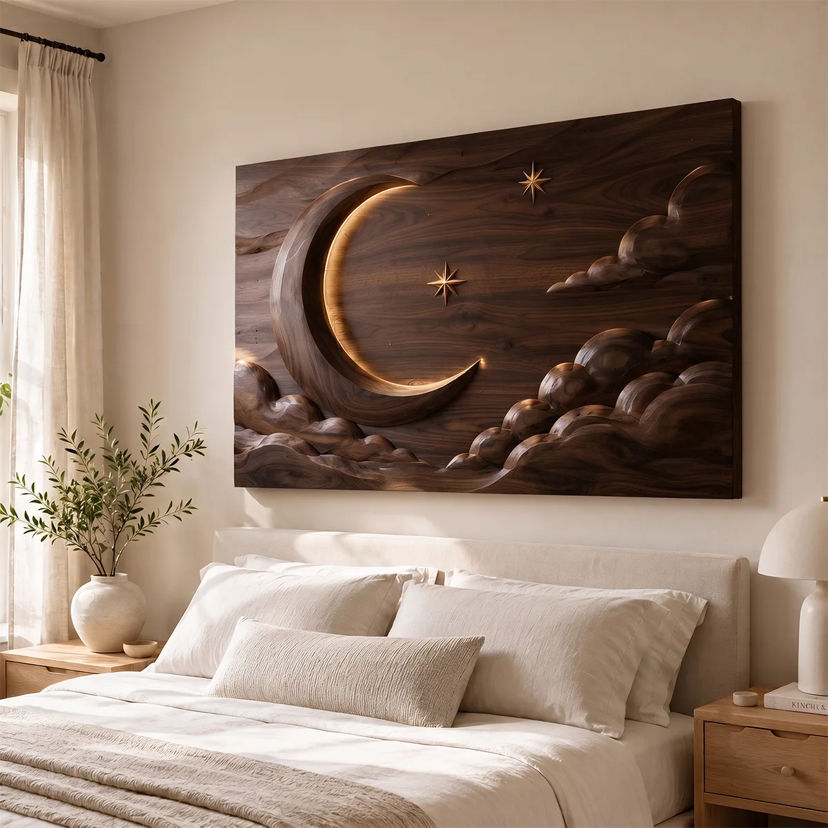 Celestial Moon Wood Wall Art | Crescent Moon & Clouds Wooden Wall Decor for Living Room, Bedroom & Nursery TT006-2082
