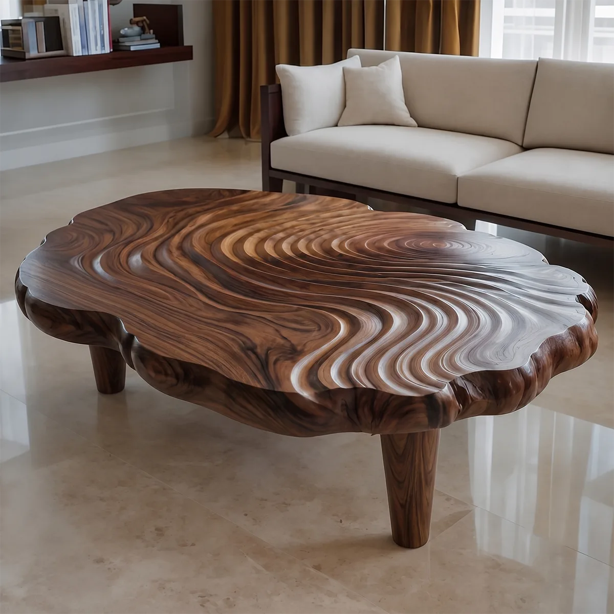 Handcrafted Solid Wood Coffee Table with Carved Ripple Top TT006-2452