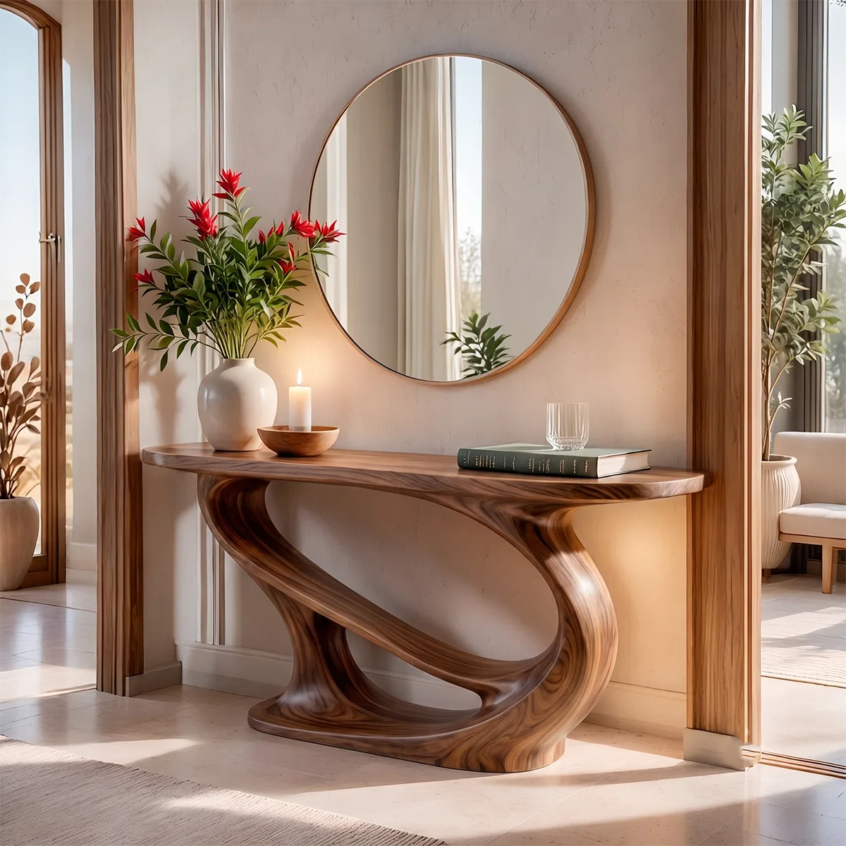 Modern Sculptural Console Table | Organic Solid Wood Entryway Accent Table TT006-9447