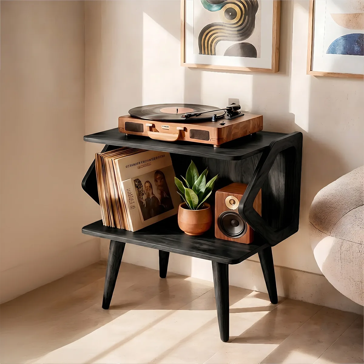 Mid Century Wooden Record Player Stand With Vinyl Storage
