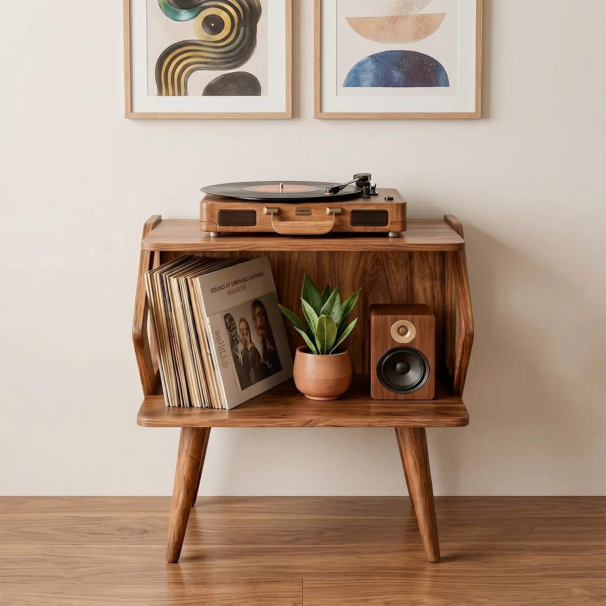 Mid Century Wooden Record Player Stand With Vinyl Storage