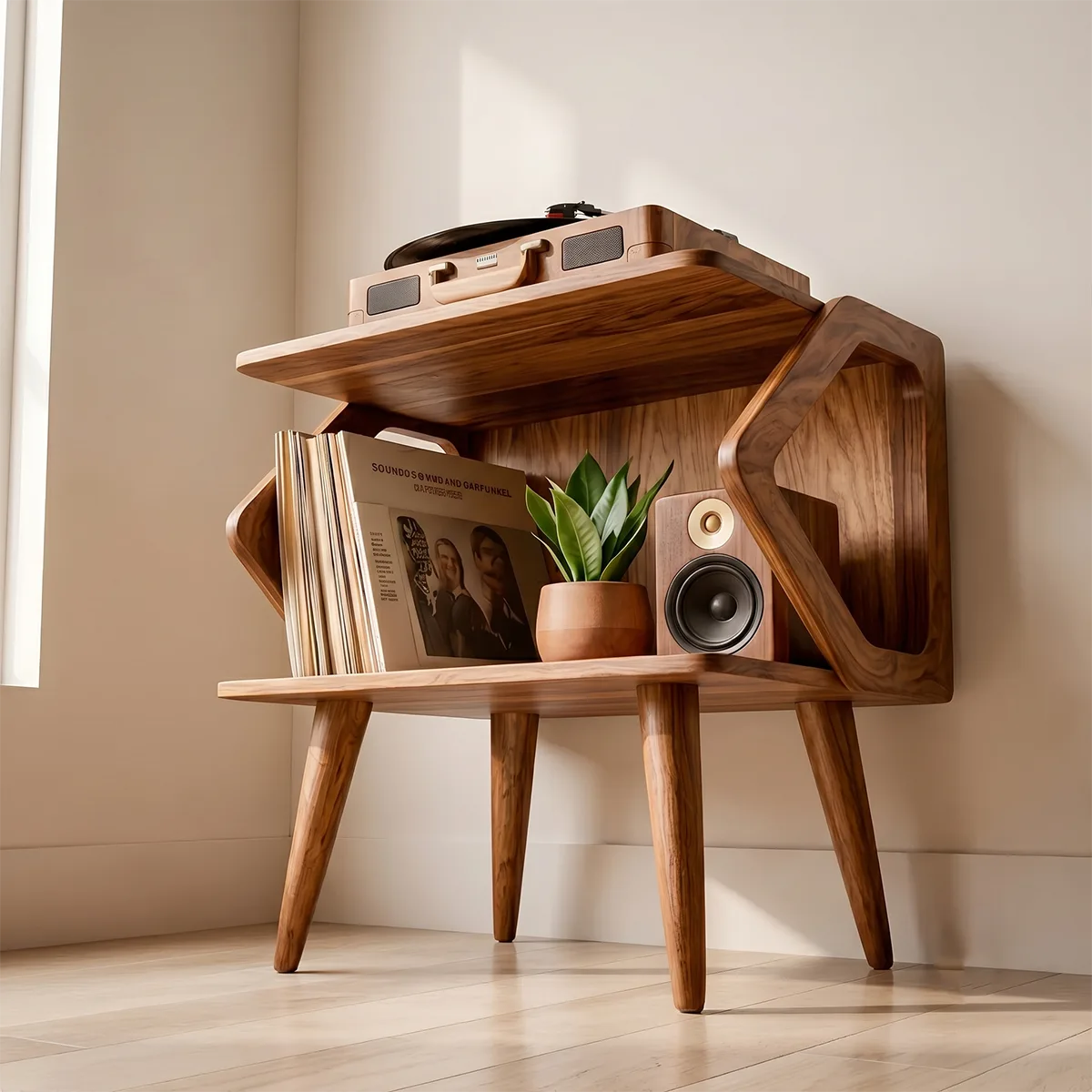 Mid Century Wooden Record Player Stand With Vinyl Storage
