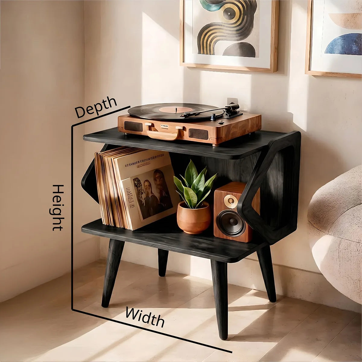 Mid Century Wooden Record Player Stand With Vinyl Storage