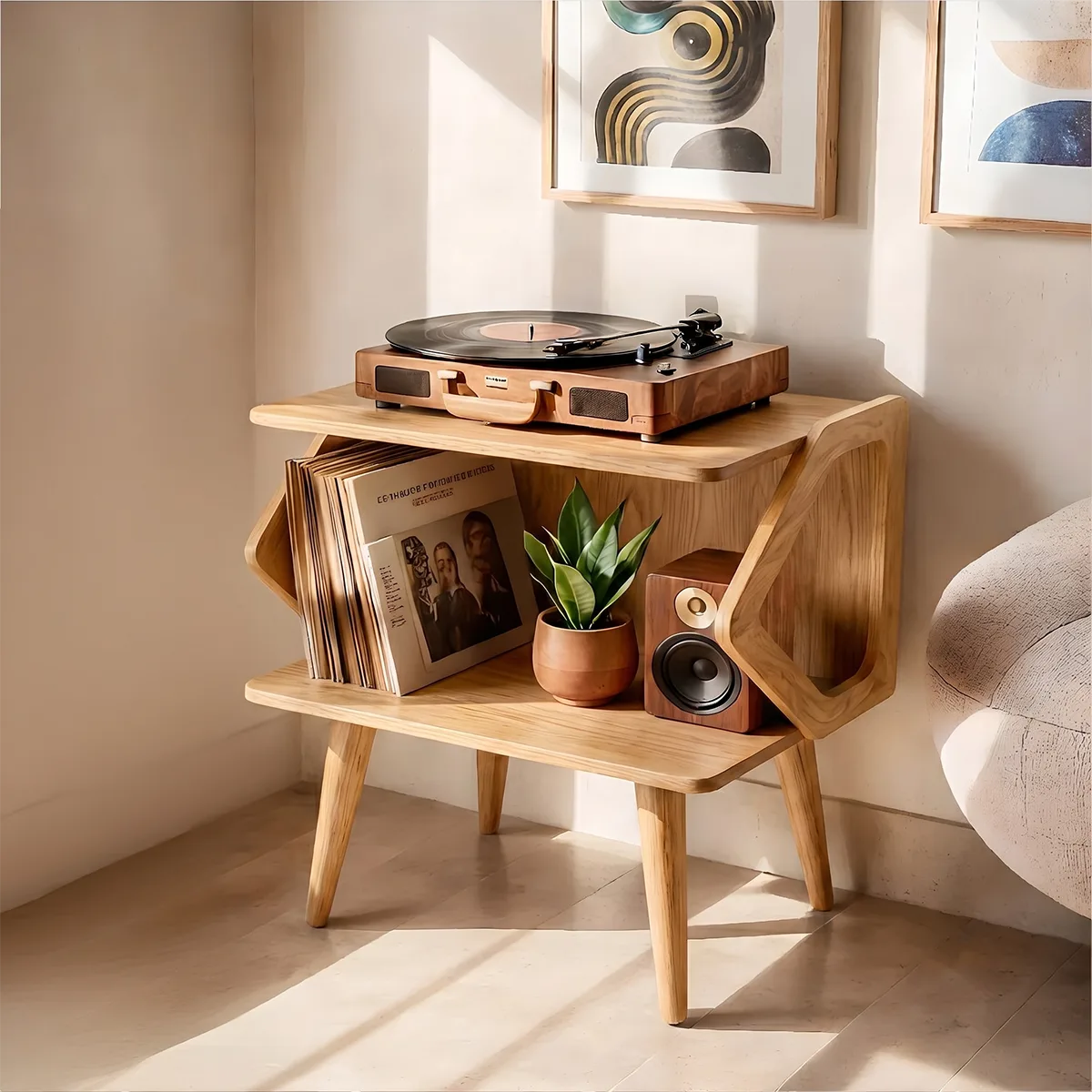 Mid Century Wooden Record Player Stand With Vinyl Storage